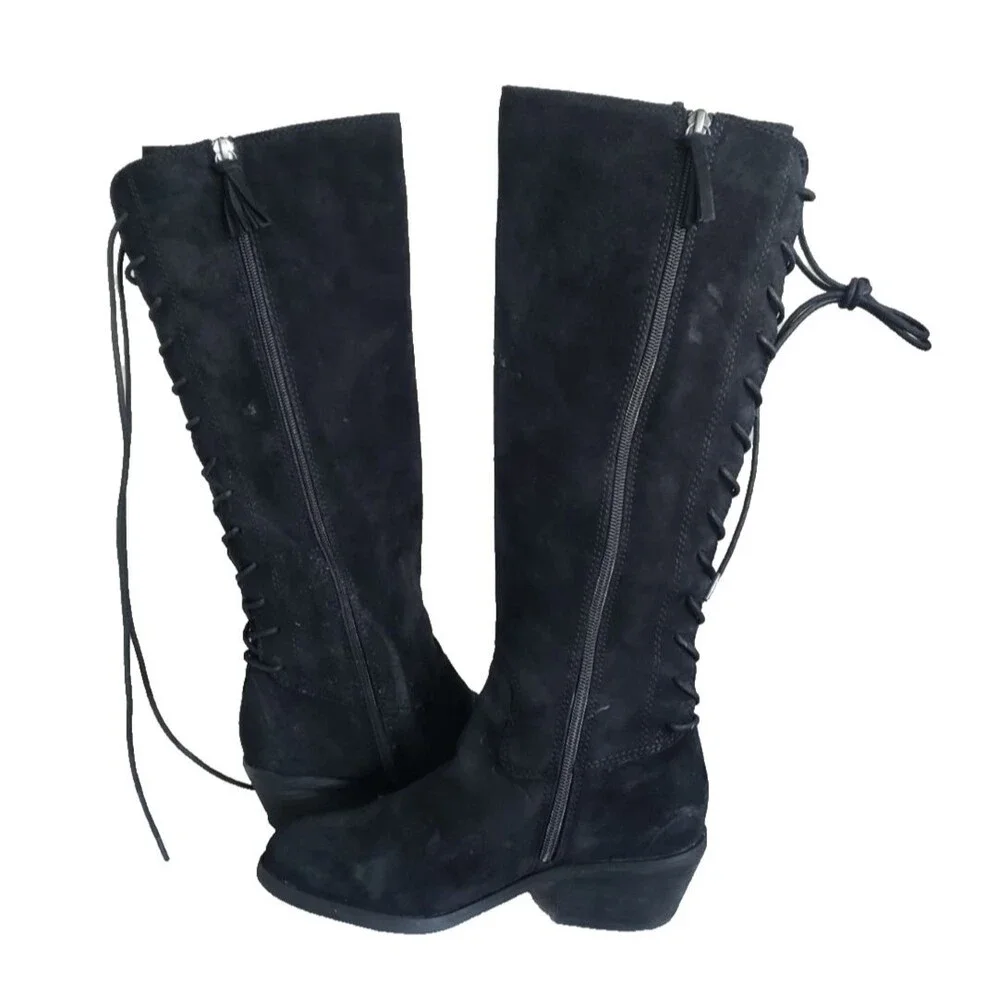 Aqua Sofft “Sharnell” Black Suede Knee High Boots Lace Up Water Resistant 6.5M